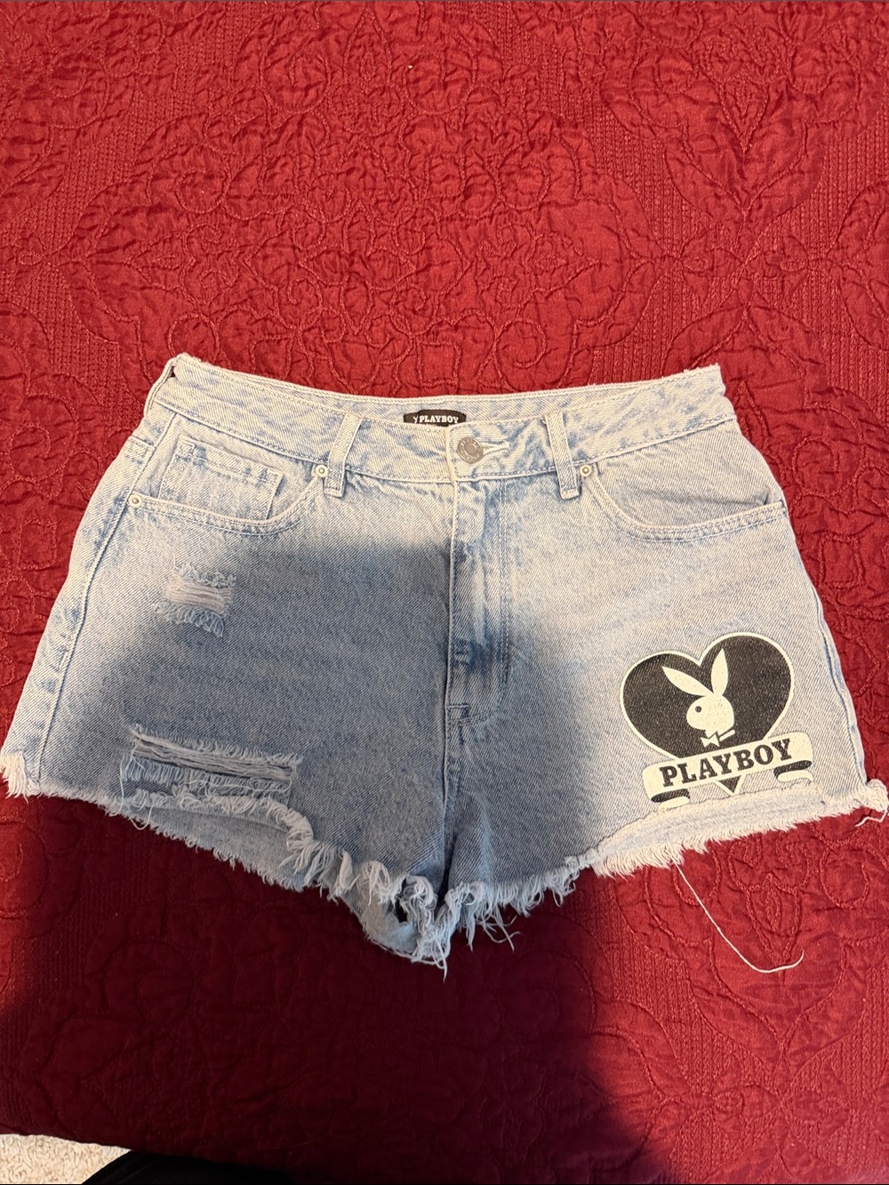 PLAYBOY Light Wash Distressed Denim Shorts with Bunny Patch